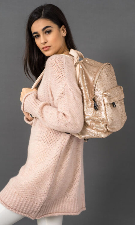 Τσάντα πλάτης με παγιέτα μπεζ-ροζ