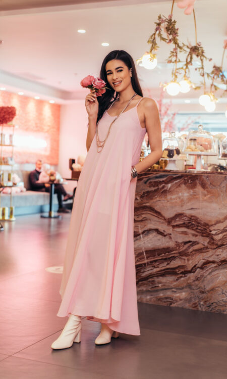 Φόρεμα μακρύ με τιράντες απαλό ροζ